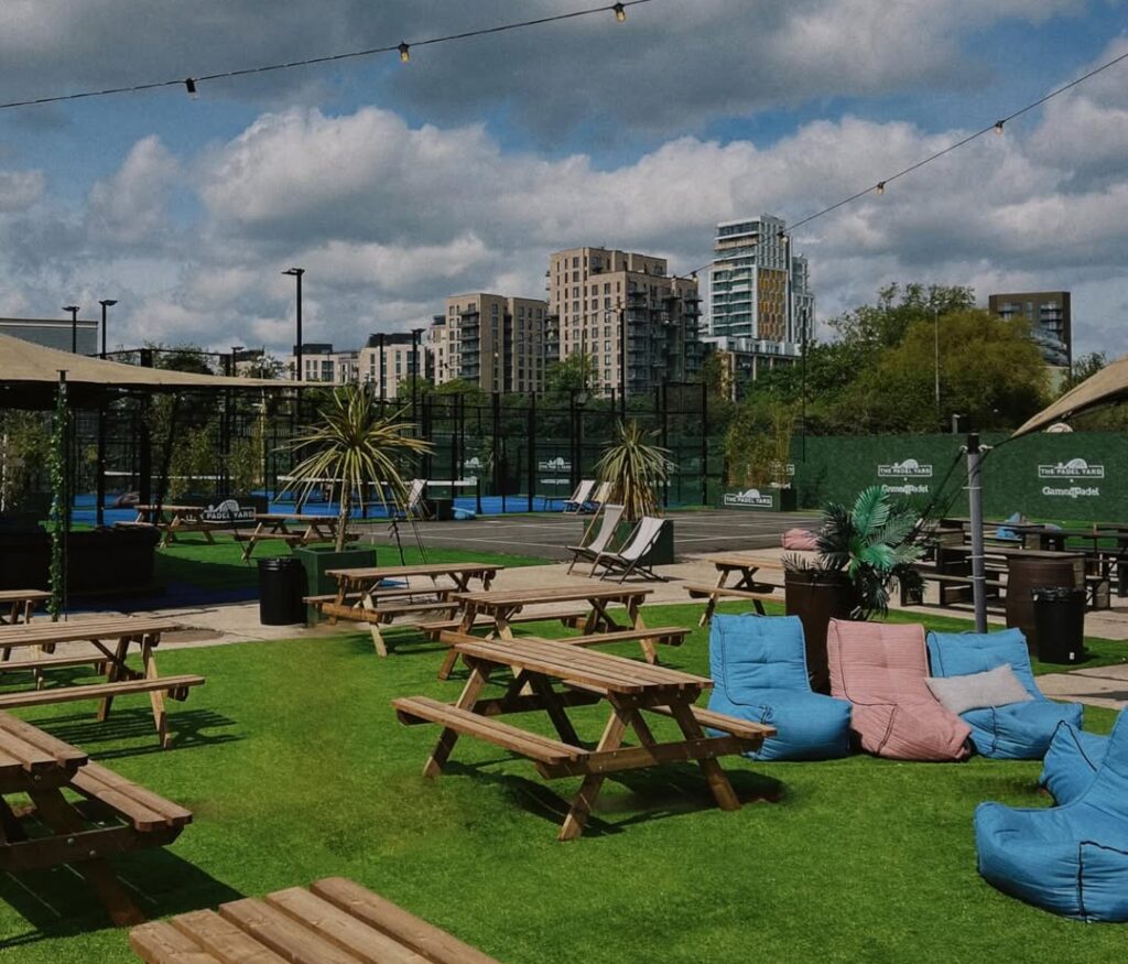 Outside socialising space at The Padel Yard Wandsworth.