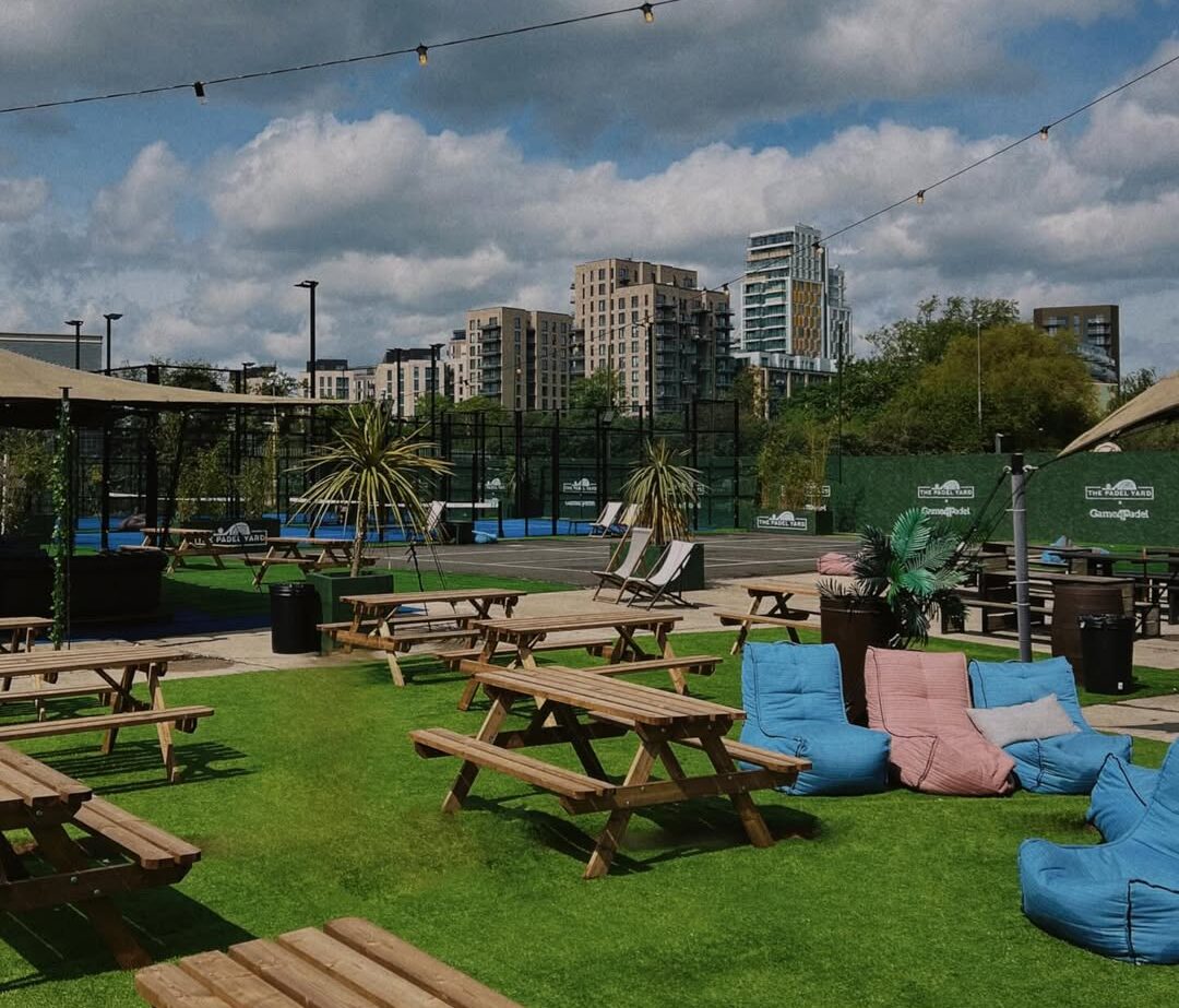 Outside socialising space at The Padel Yard Wandsworth.