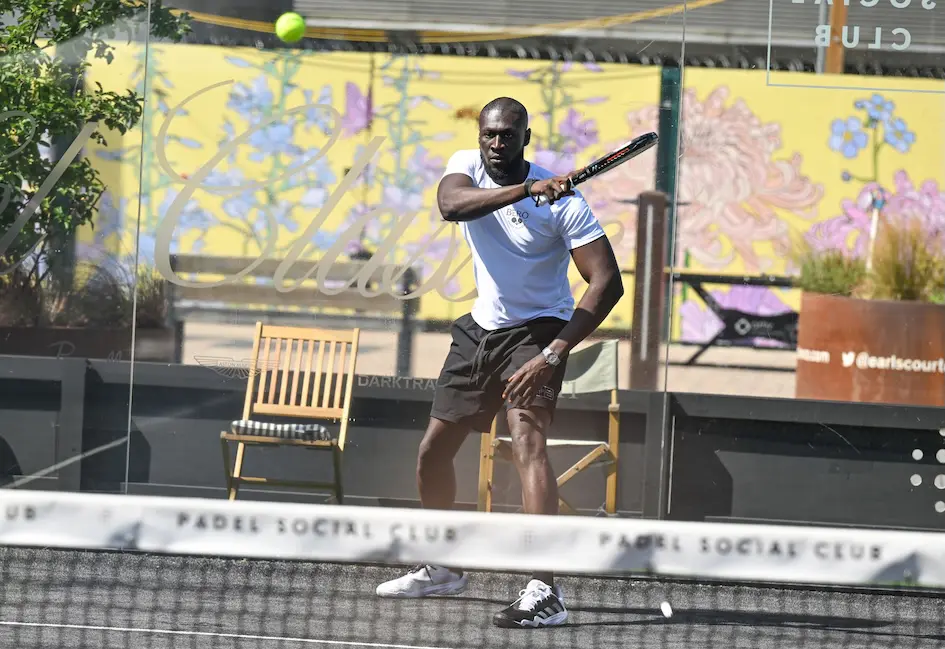Stormzy playing padel at Tom Holland's Bero Beer London Pro Am padel competition, Padel Social Club.