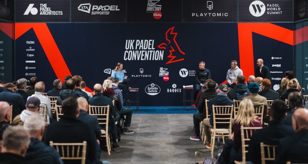 Padel presenter Emily Kilner moderates a panel discussion