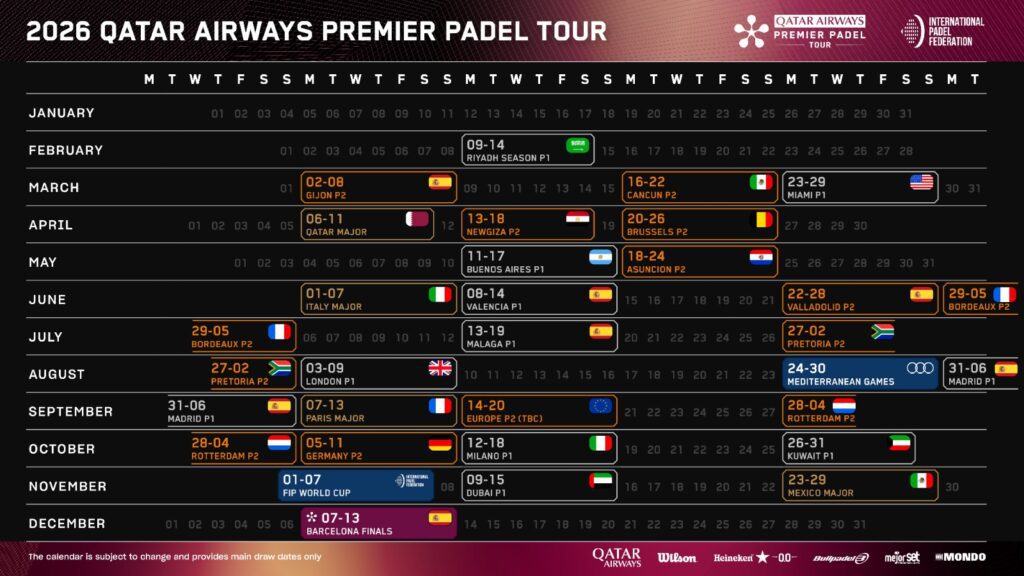 Premier Padel calendar 2026